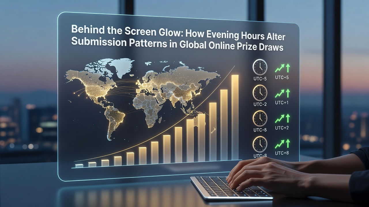Global heatmap displaying peak submission times for online prize draws concentrated in evening hours across multiple continents