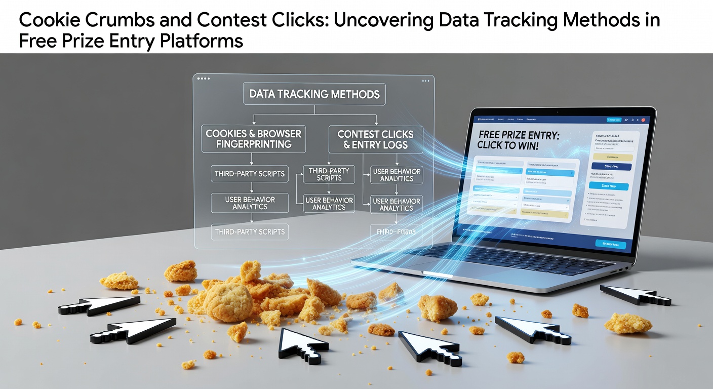 Illustration showing digital cookie tracking elements and contest entry interfaces on free prize platforms