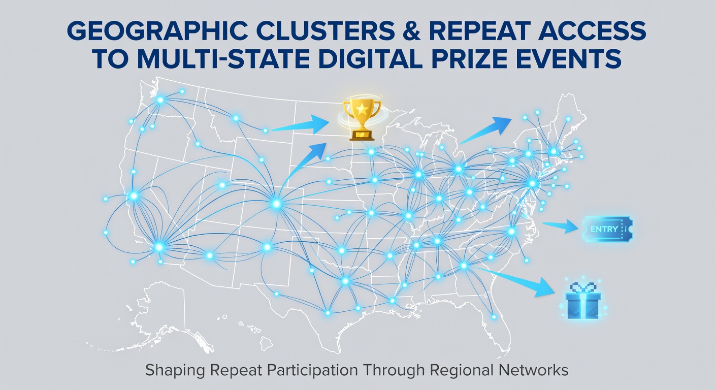 Map showing geographic clusters of digital prize event participation across multiple US states with highlighted urban and suburban areas
