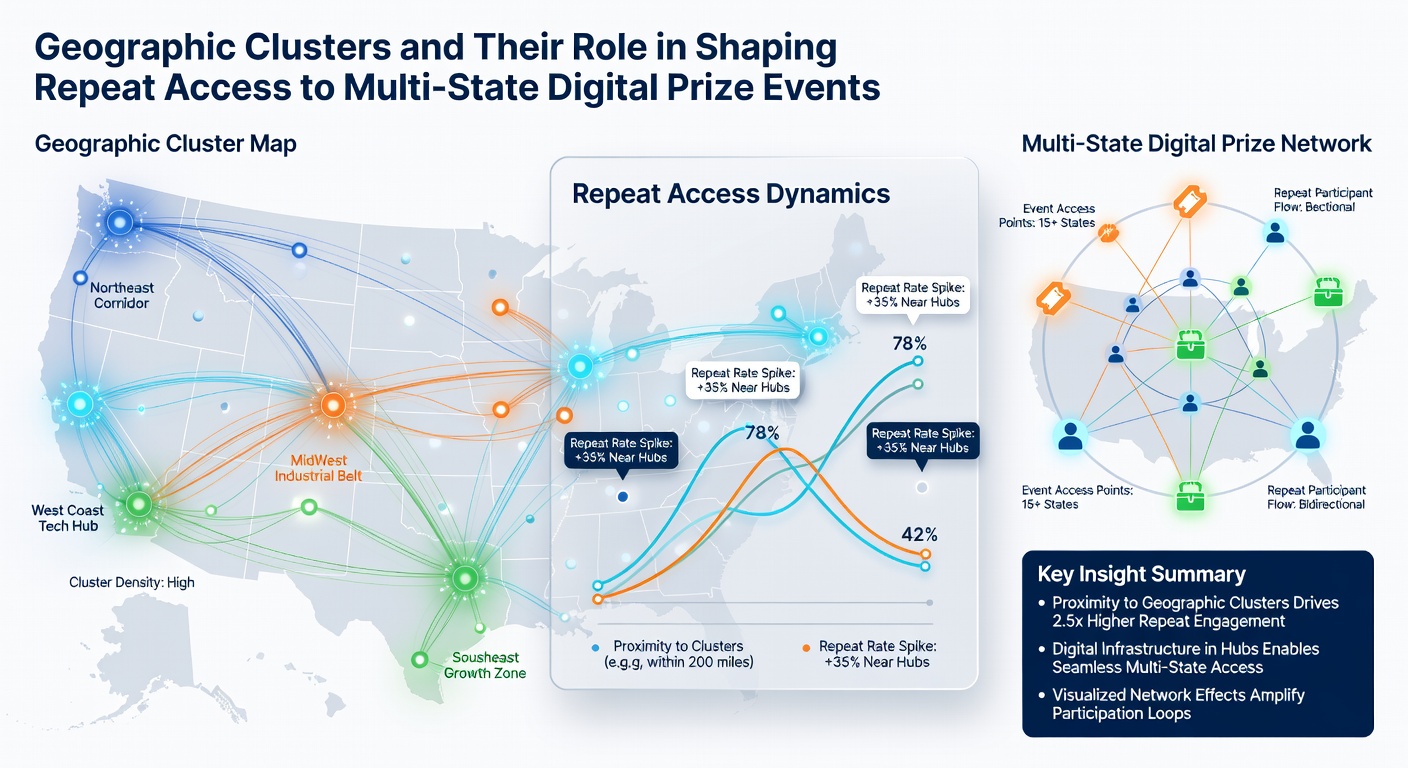Infographic illustrating repeat entry rates by geographic cluster density with statistics on multi-state sweepstakes access