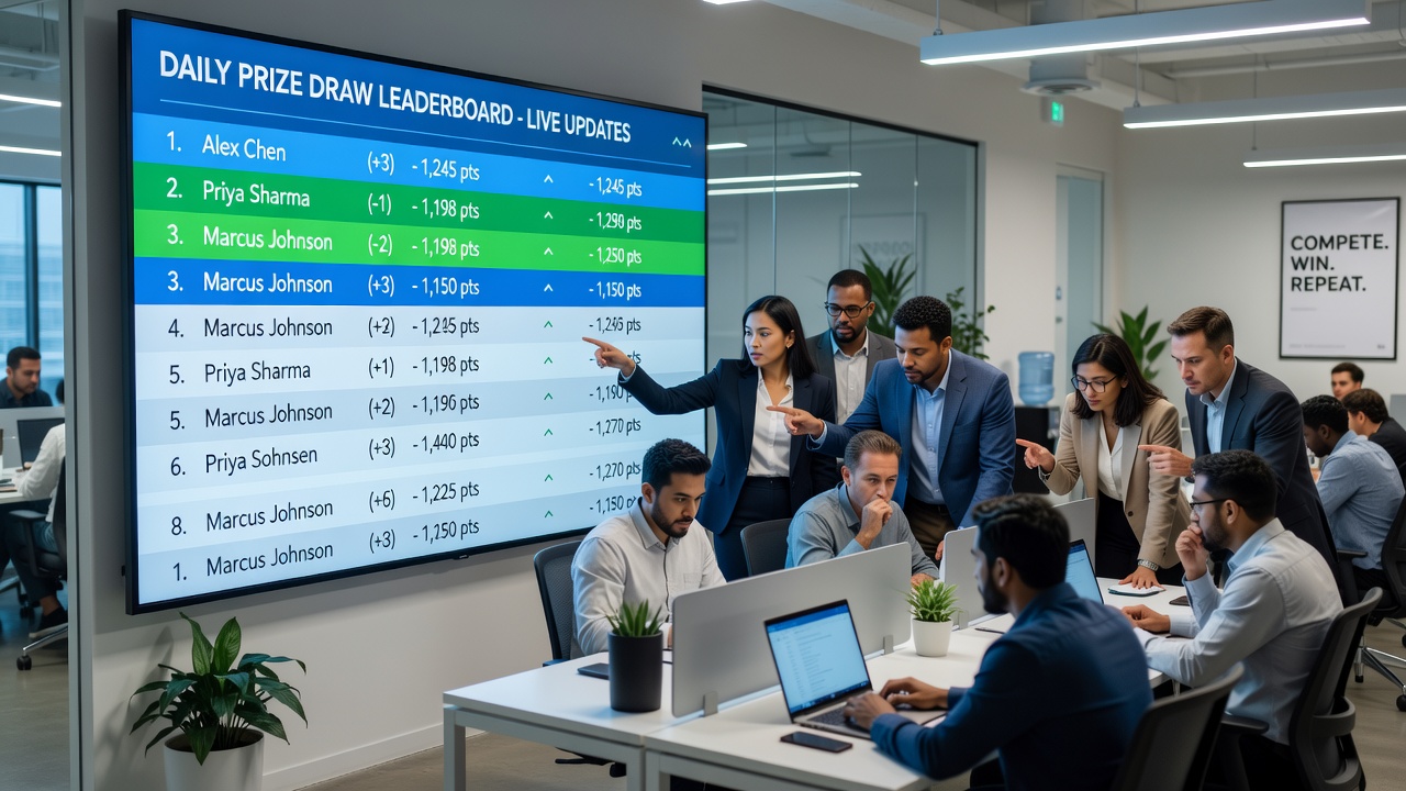 Competitive dynamics illustrated through a group of users reacting to updated rankings on a shared leaderboard