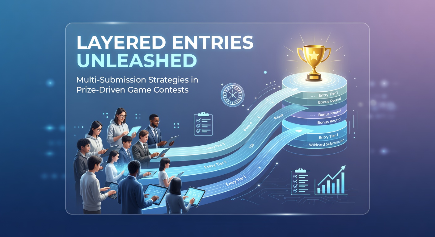 Contest participants entering multiple layered submissions on a digital platform, showing strategy icons and prize icons layered visually