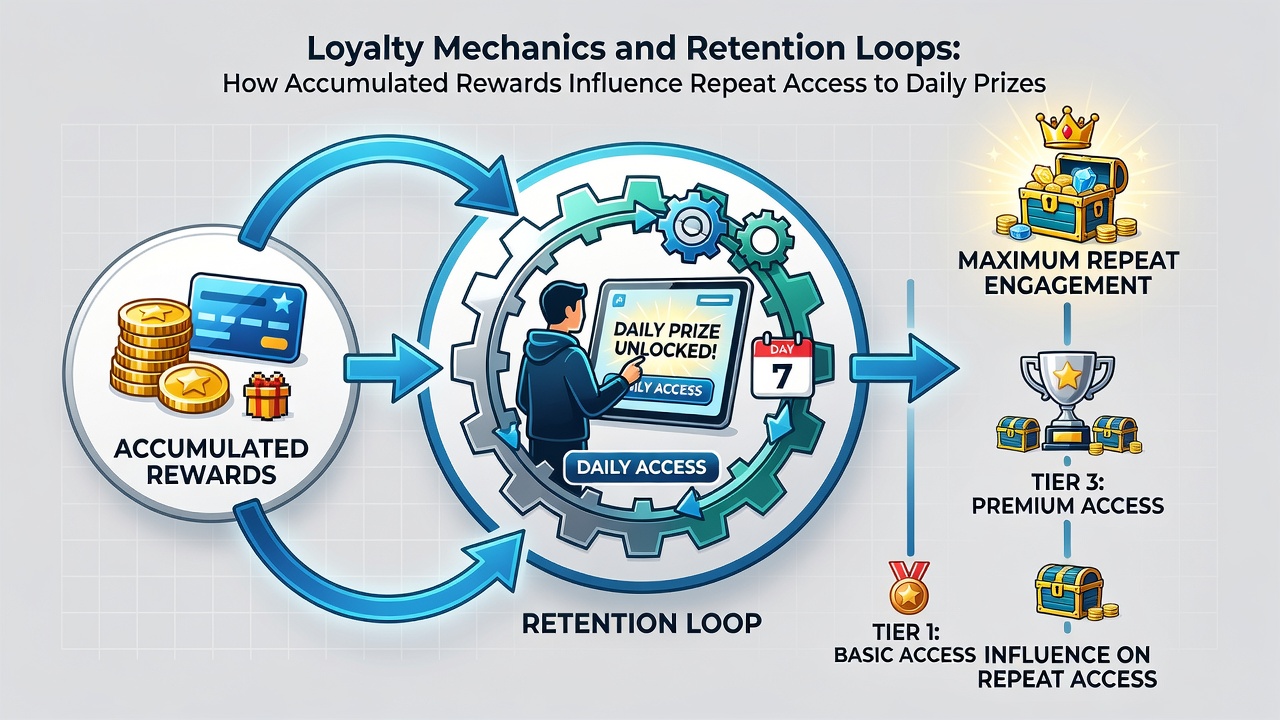 Diagram showing retention loop cycle with accumulated rewards feeding back into daily platform access and entry patterns