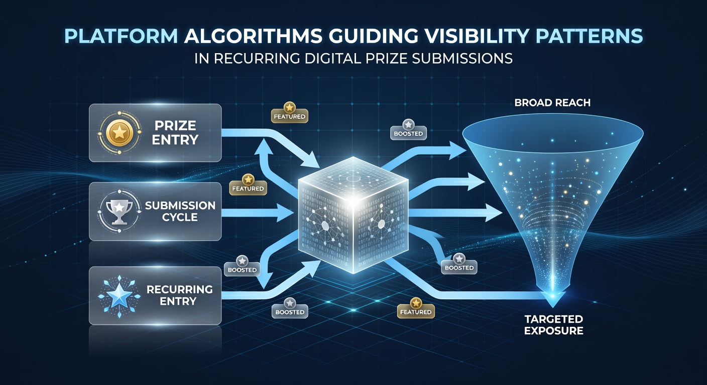 Diagram showing algorithmic visibility patterns across recurring digital prize platforms with user submission flows highlighted