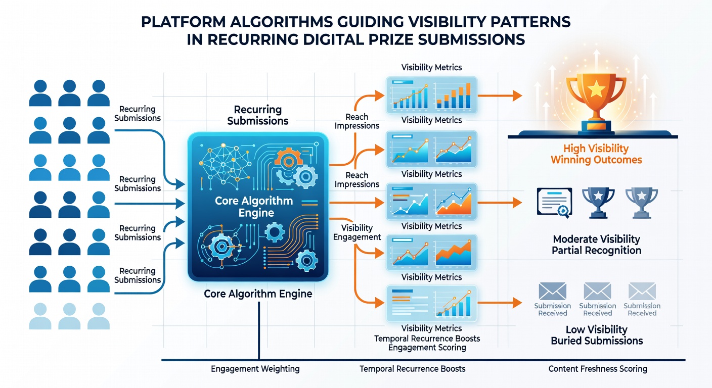 Flowchart illustrating how user behavior signals influence visibility rankings in digital prize submission cycles