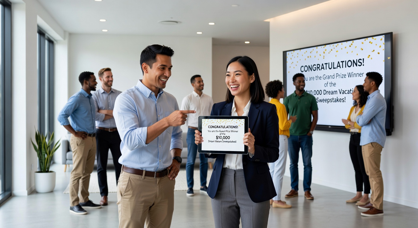 A vibrant digital screen displaying a sweepstakes winner announcement with confetti and excited participants, capturing the thrill of the reveal moment
