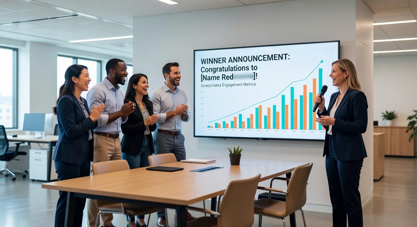 Participants gathered around a phone screen reacting joyfully to a sweepstakes winner notification, illustrating communal excitement in post-entry phases