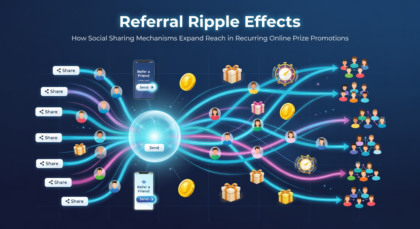 Illustration of social sharing networks expanding reach in recurring online prize promotions through referral links and user connections