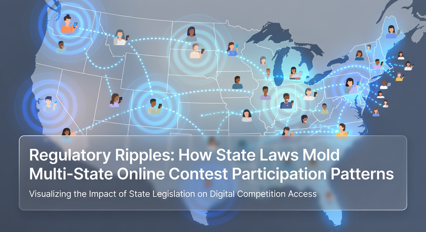 Illustration showing diverse state maps connected by digital contest entry lines with legal symbols overlay