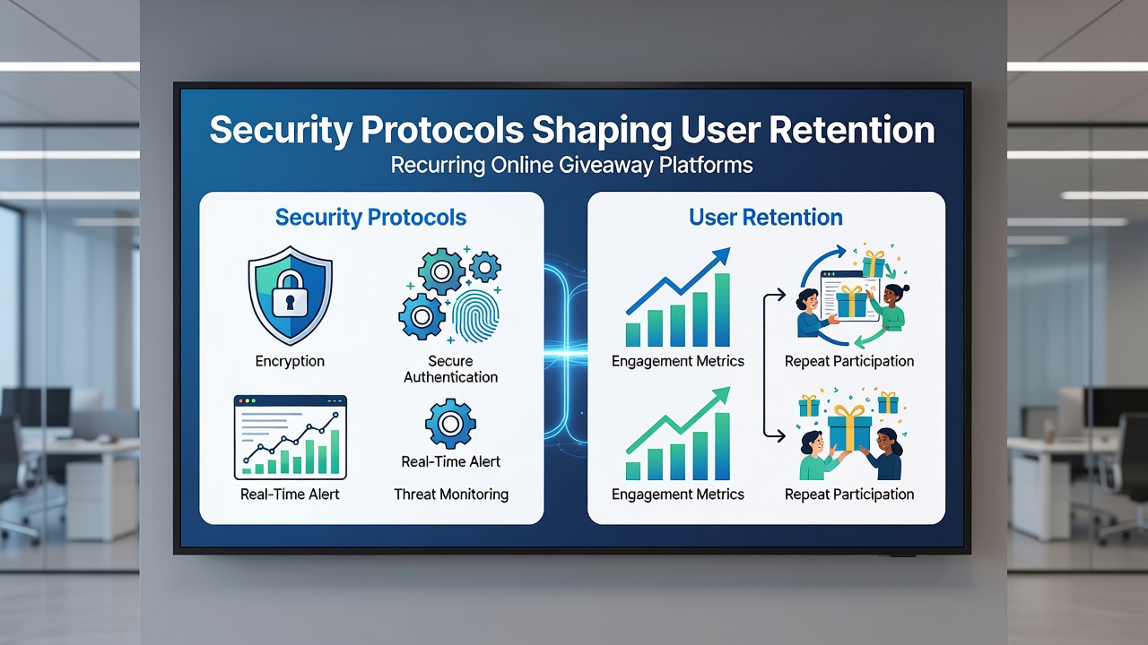 User engagement metrics displayed on a giveaway platform highlighting retention trends linked to security features