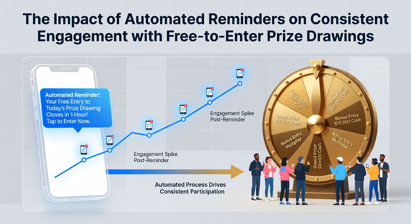Automated email and push notification system sending reminders for upcoming free prize draw deadlines on a sweepstakes platform dashboard