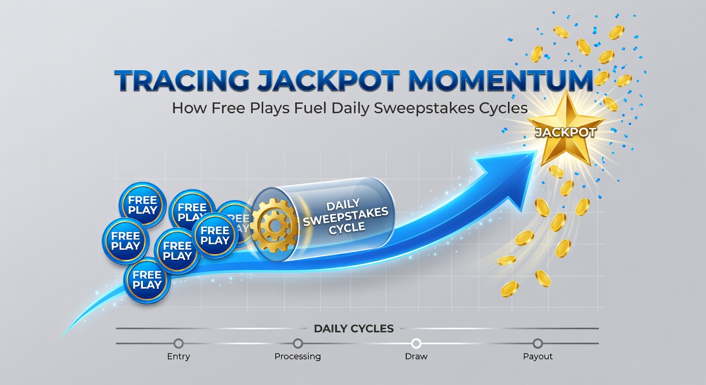 Dynamic graphic showing upward-trending jackpot arrows fueled by free play entries in a daily sweepstakes cycle