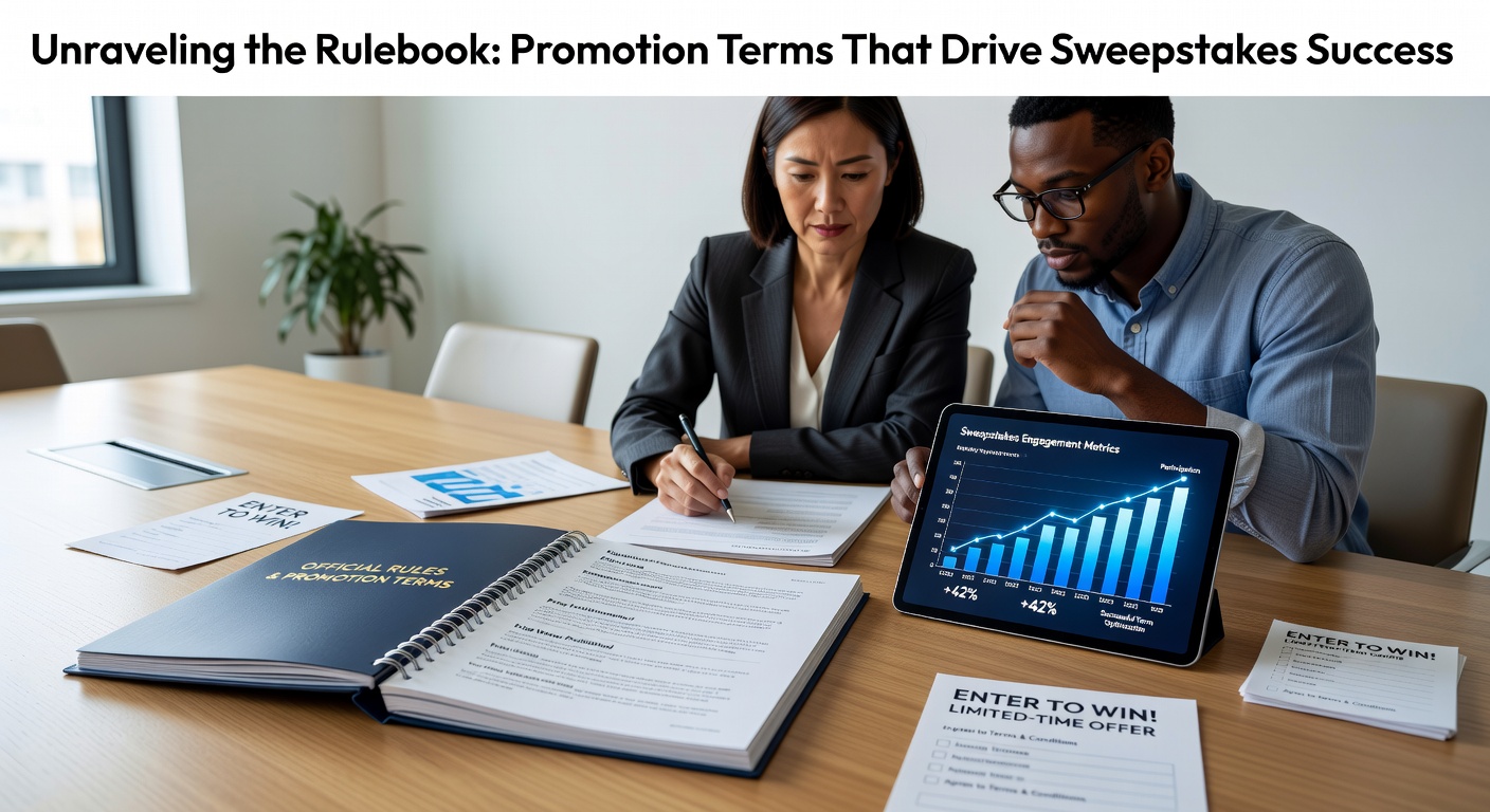 Detailed infographic showing key sweepstakes promotion terms like eligibility, entry periods, and prize details structured in a clear rulebook layout