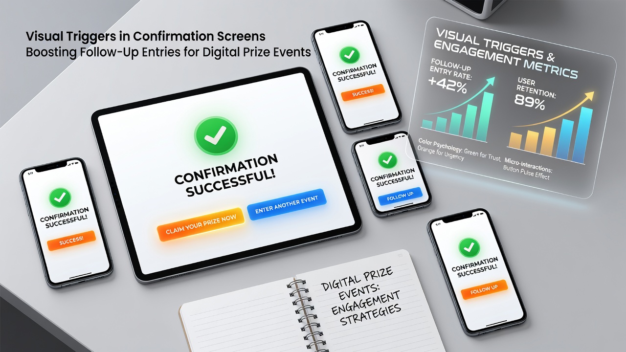 Confirmation screen displaying animated success indicators and entry prompts in a digital prize event platform