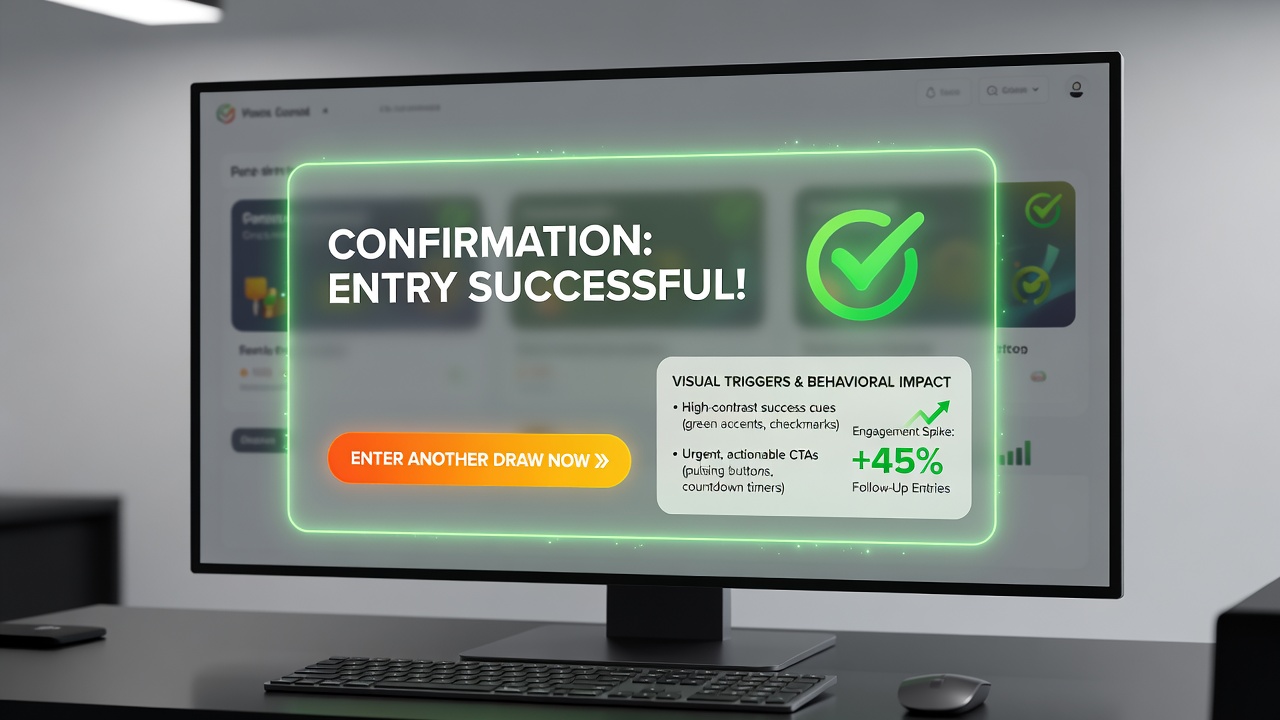 Split view of confirmation screen variations showing different visual trigger designs used in digital sweepstakes platforms